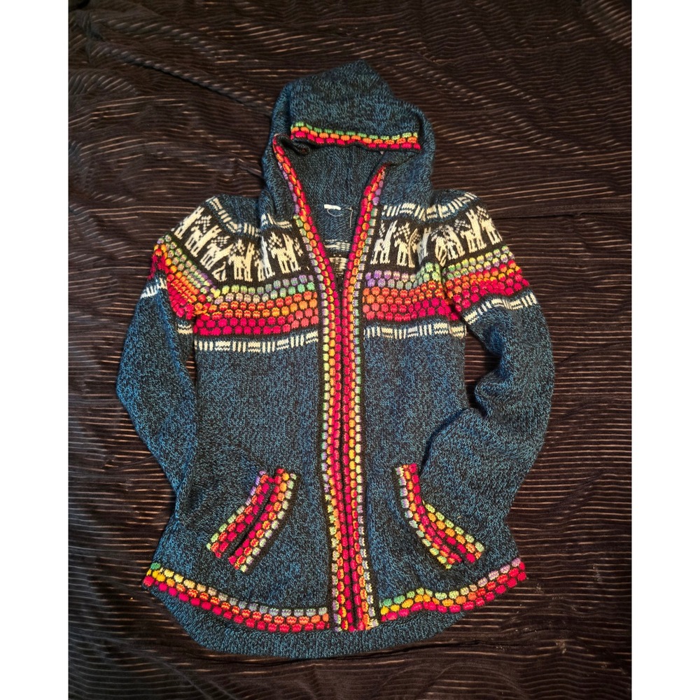 Llama Alpaca? Knit Zip Up Hoodie Teal Rainbow Peruvian Boho Sweater